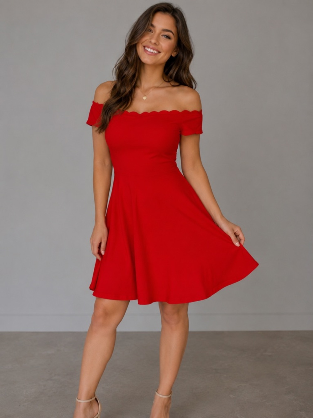 B Darlin Red Off-Shoulder Scallop Trim Fit & Flare Dress NWT |3/4|